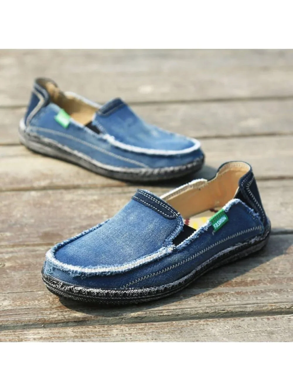 VILOCY Men's Blue Rubber Canvas Slip On Loafers Drop Vintage Flat Casual Shoes
